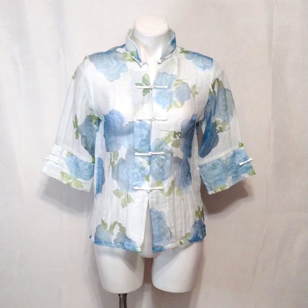 Womens Cheongsam Style Sheer Floral Brocade Top M Mandarin Collar Toggle Closure